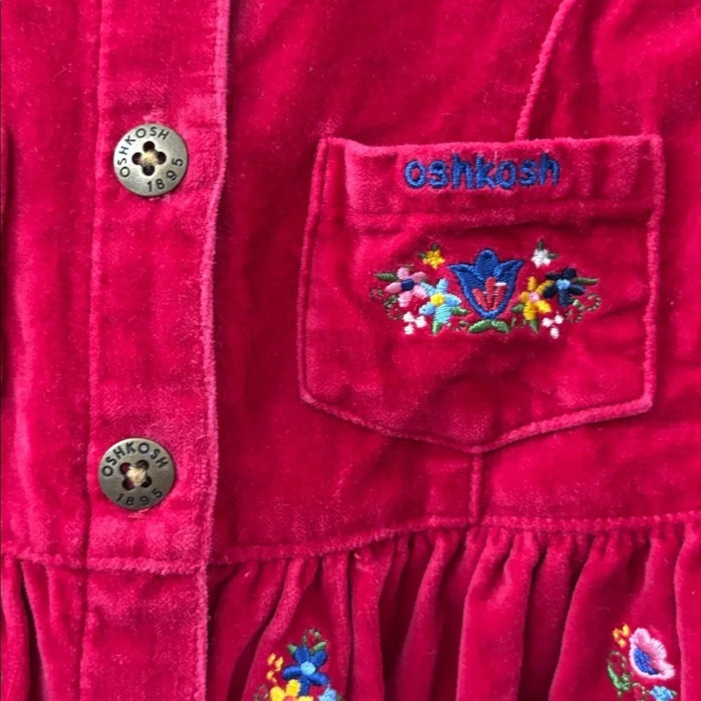 OshKosh B'gosh vintage Red Plaid velvet dress with Floral embroidery- girls 5